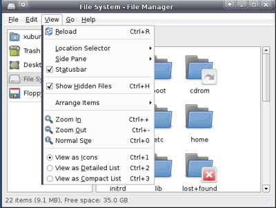 File System - File Manager - View drop down menu