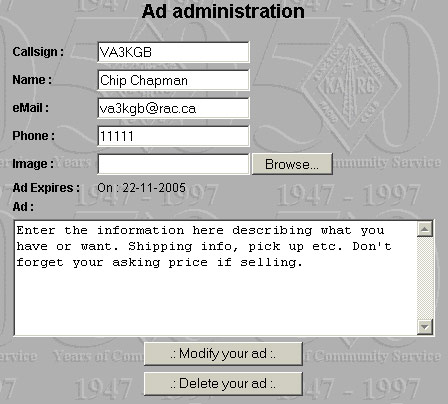 Ad Administration/Editing screen