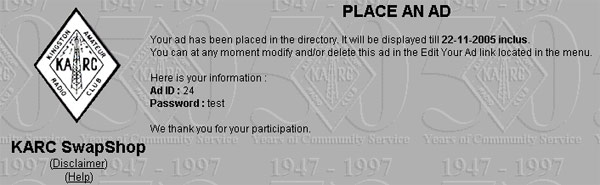 Successful ad placement showing Ad ID and Password