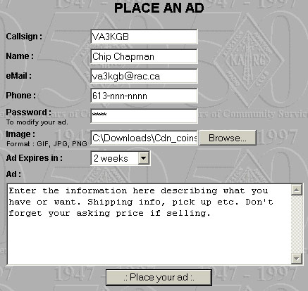 Place an ad with ad info entered